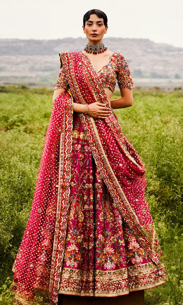 Pakistani Magenta Handworked Raw Silk Lehenga (3-Piece) - Image 2