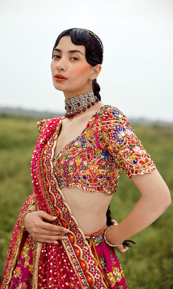 Pakistani Magenta Handworked Raw Silk Lehenga (3-Piece) - Image 3