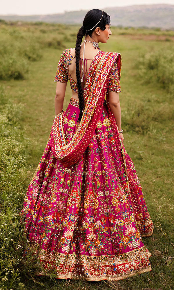 Pakistani Magenta Handworked Raw Silk Lehenga (3-Piece) - Image 4