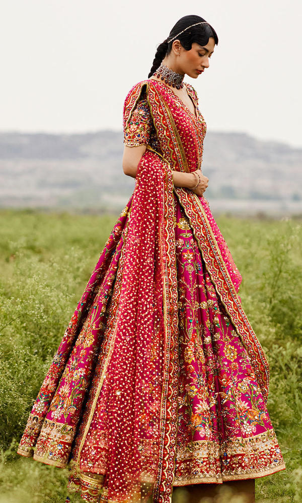 Pakistani Magenta Handworked Raw Silk Lehenga (3-Piece) - Image 5