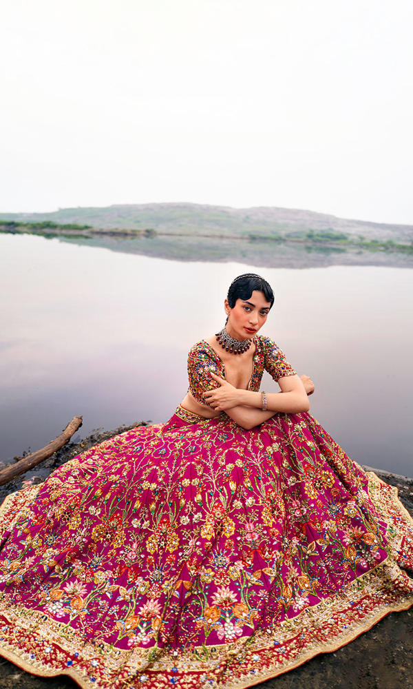 Pakistani Magenta Handworked Raw Silk Lehenga (3-Piece) - Image 6