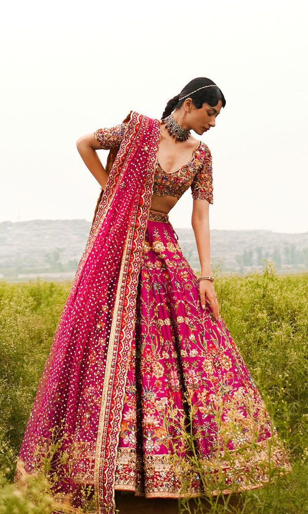 Pakistani Magenta Handworked Raw Silk Lehenga (3-Piece) - Image 7