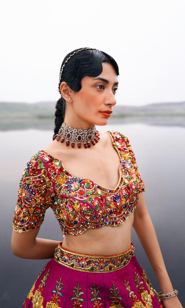 Pakistani Magenta Handworked Raw Silk Lehenga (3-Piece) - Image 8