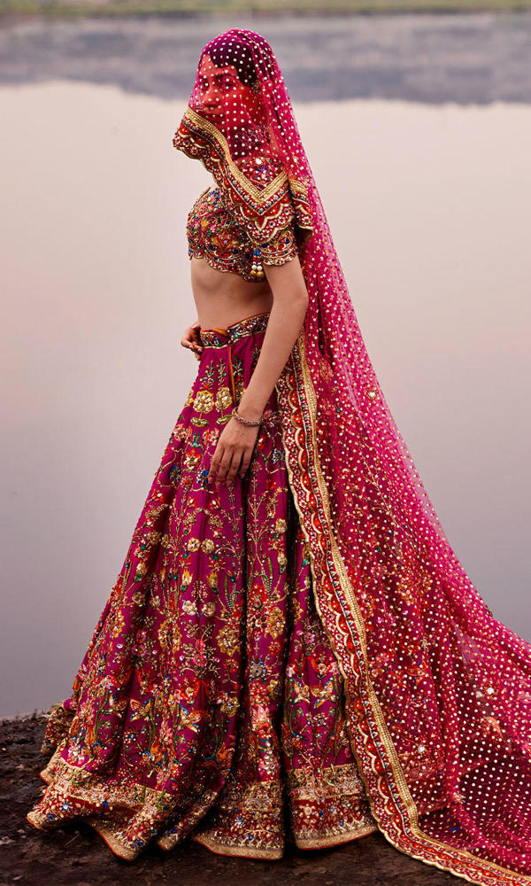 Pakistani Magenta Handworked Raw Silk Lehenga (3-Piece) - Image 9