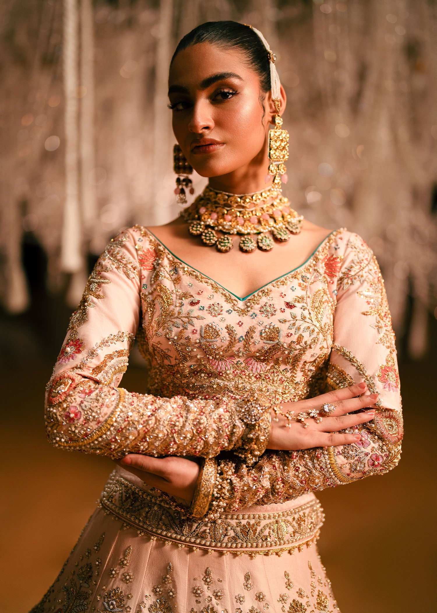 Blush Pink Embellished Raw Silk Lehenga Choli (3-Piece) - Image 2