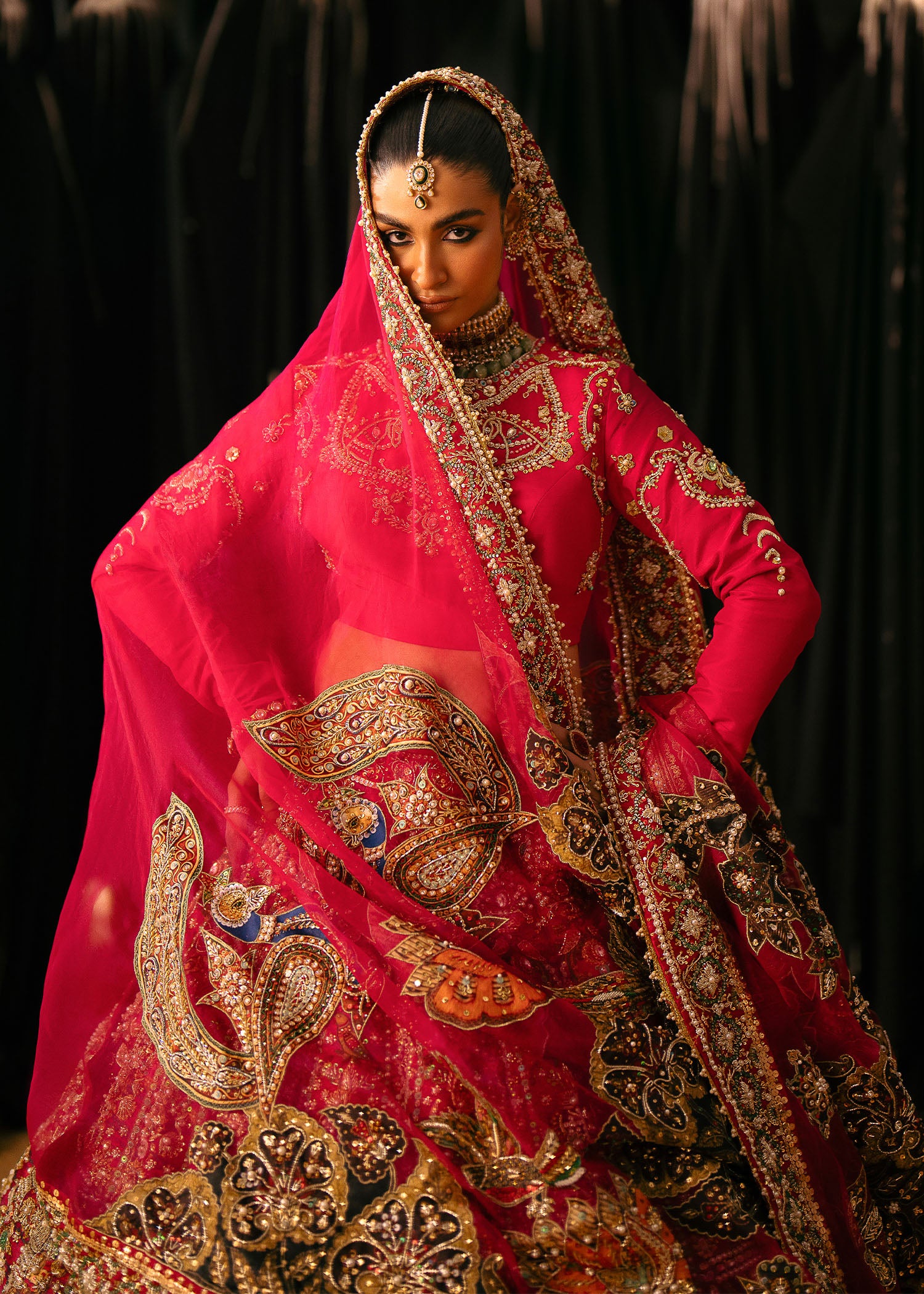 Pakistani Hot Pink Embroidered Raw Silk Lehenga Choli (3-Piece) - Image 2