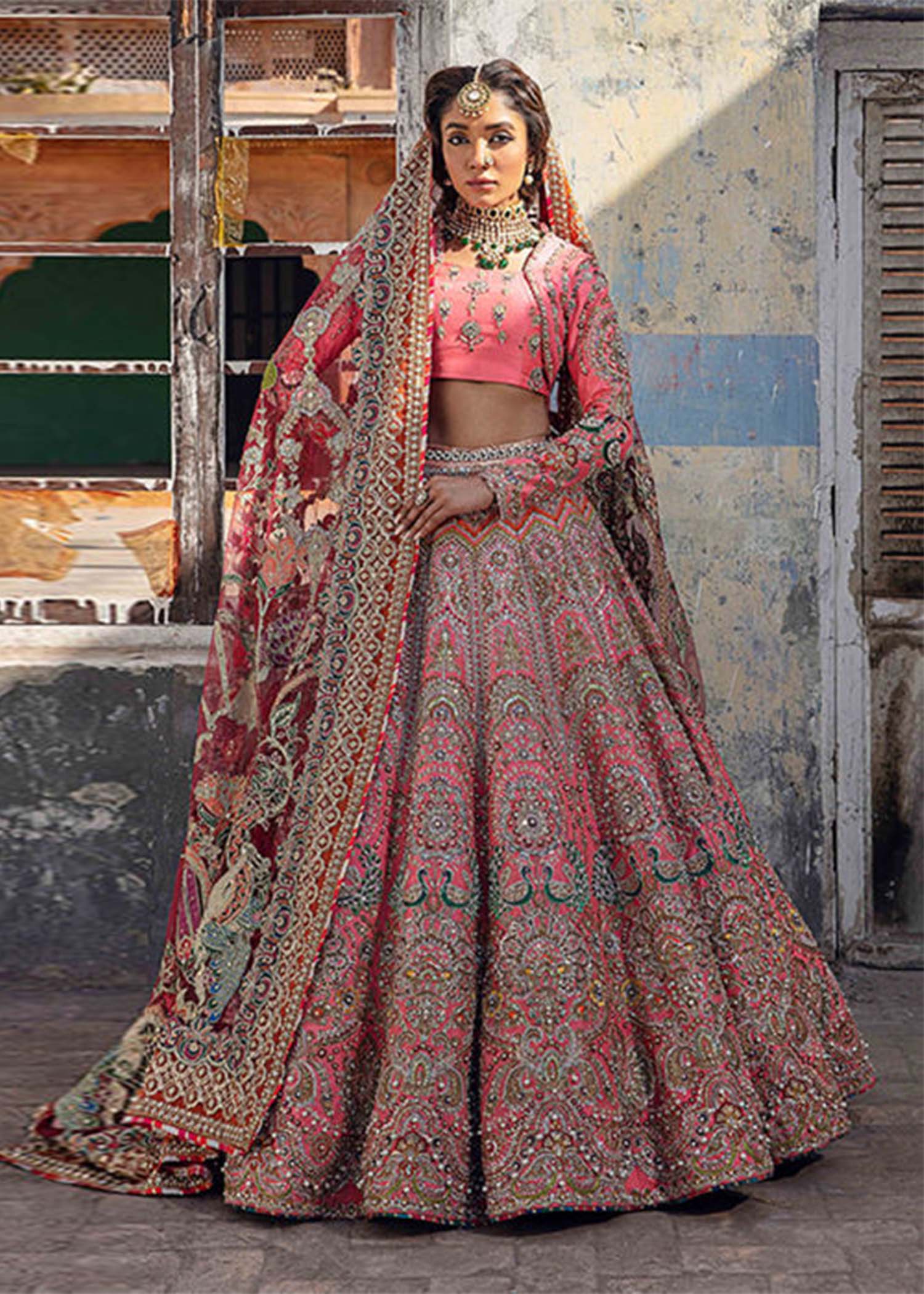 Coral Pink Zardozi Raw Silk Lehenga Choli (3-Piece) - Image 1
