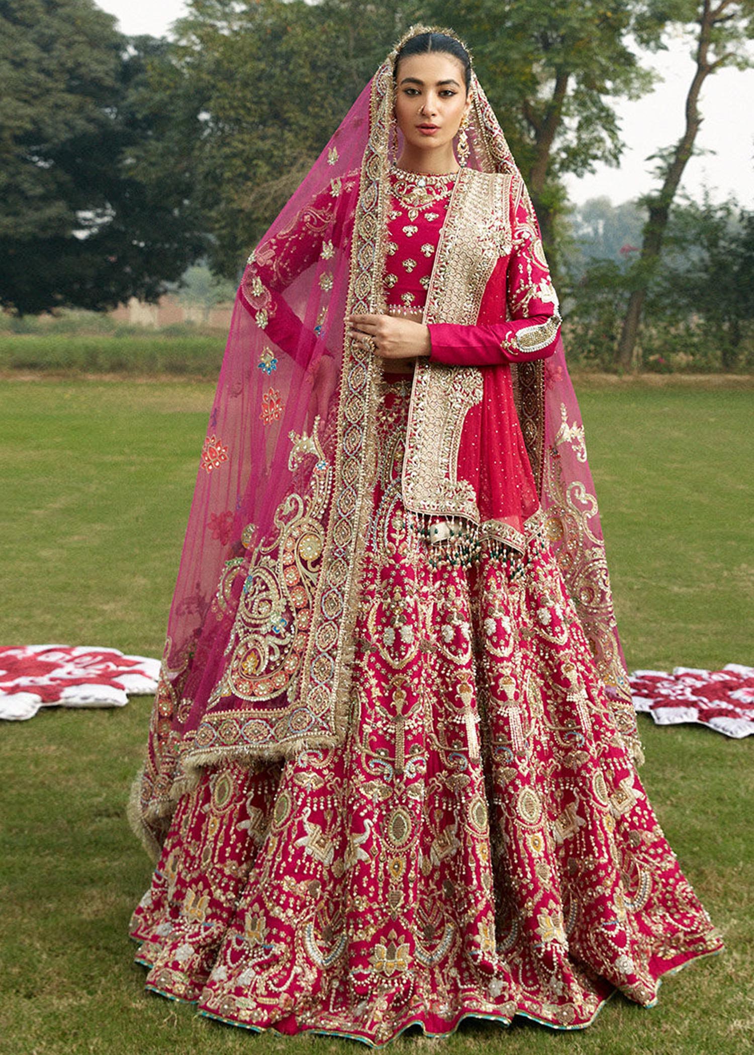 Deep Fuchsia Pink Embroidered Raw Silk Lehenga Choli (3-Piece) - Image 1