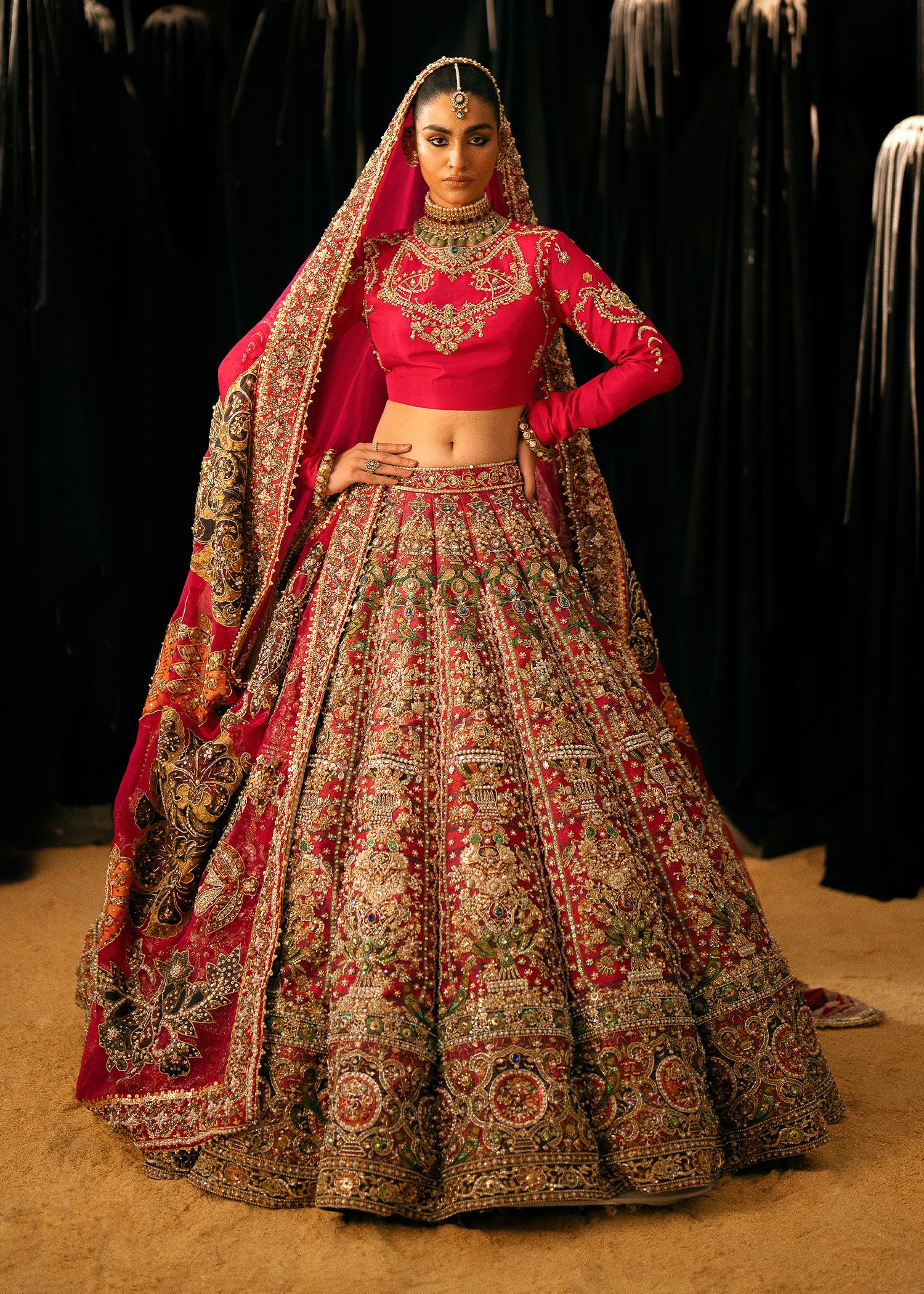 Pakistani Hot Pink Zardozi Raw Silk Bridal Lehenga (3-Piece) - Image 10