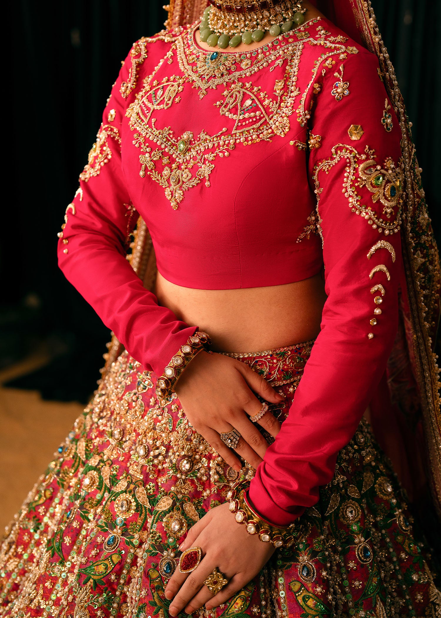 Pakistani Hot Pink Zardozi Raw Silk Bridal Lehenga (3-Piece) - Image 3