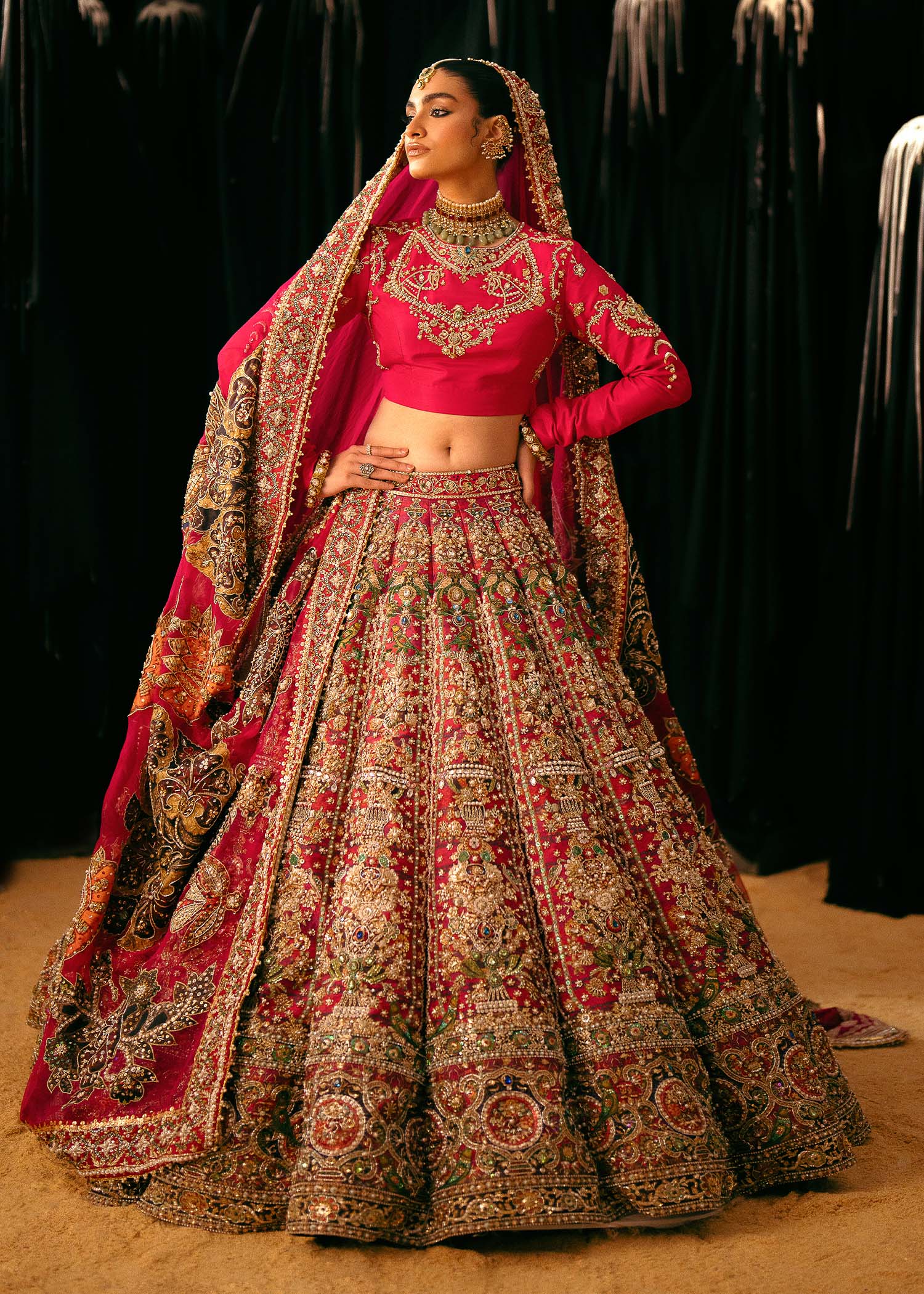 Pakistani Hot Pink Zardozi Raw Silk Bridal Lehenga (3-Piece) - Image 9