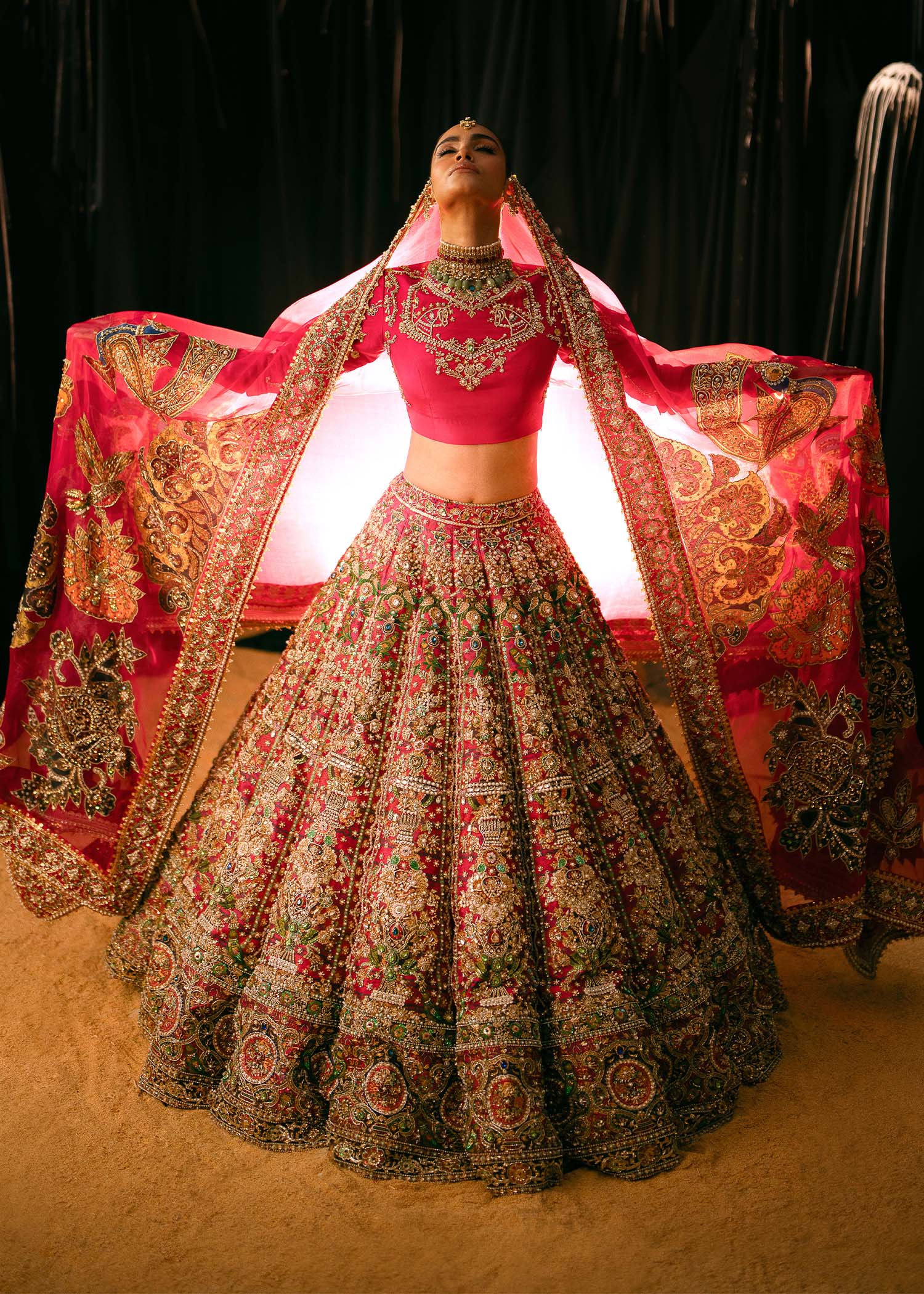 Hot Pink Zardozi Raw Silk Lehenga (3-Piece) - Image 8