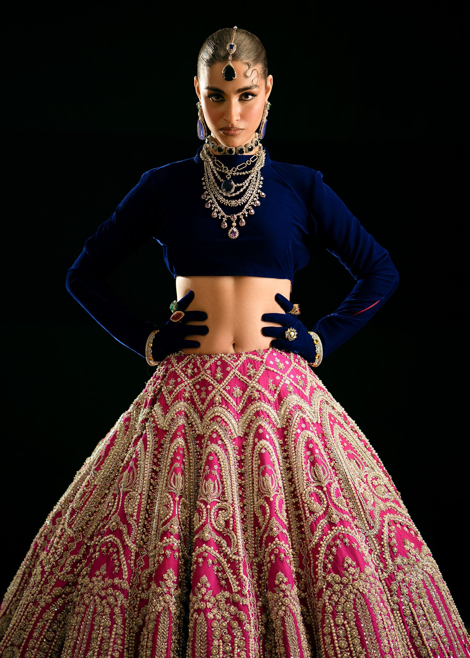 Pakistani Hot Pink Embellished Raw Silk Lehenga (3-Piece) - Image 2
