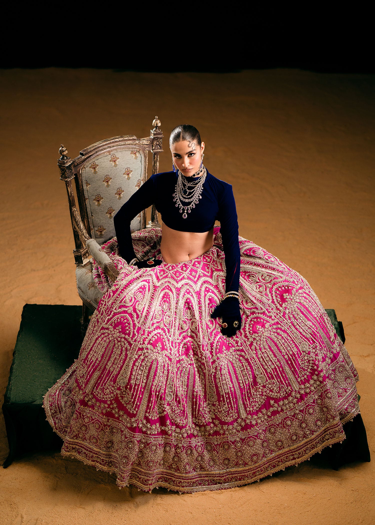 Pakistani Hot Pink Embellished Raw Silk Lehenga (3-Piece) - Image 4