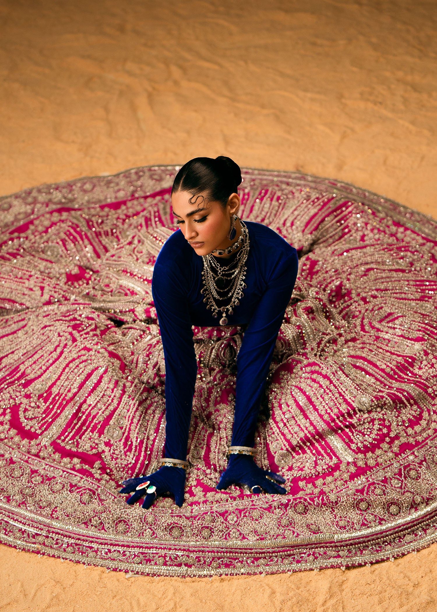 Pakistani Hot Pink Embellished Raw Silk Lehenga (3-Piece) - Image 5