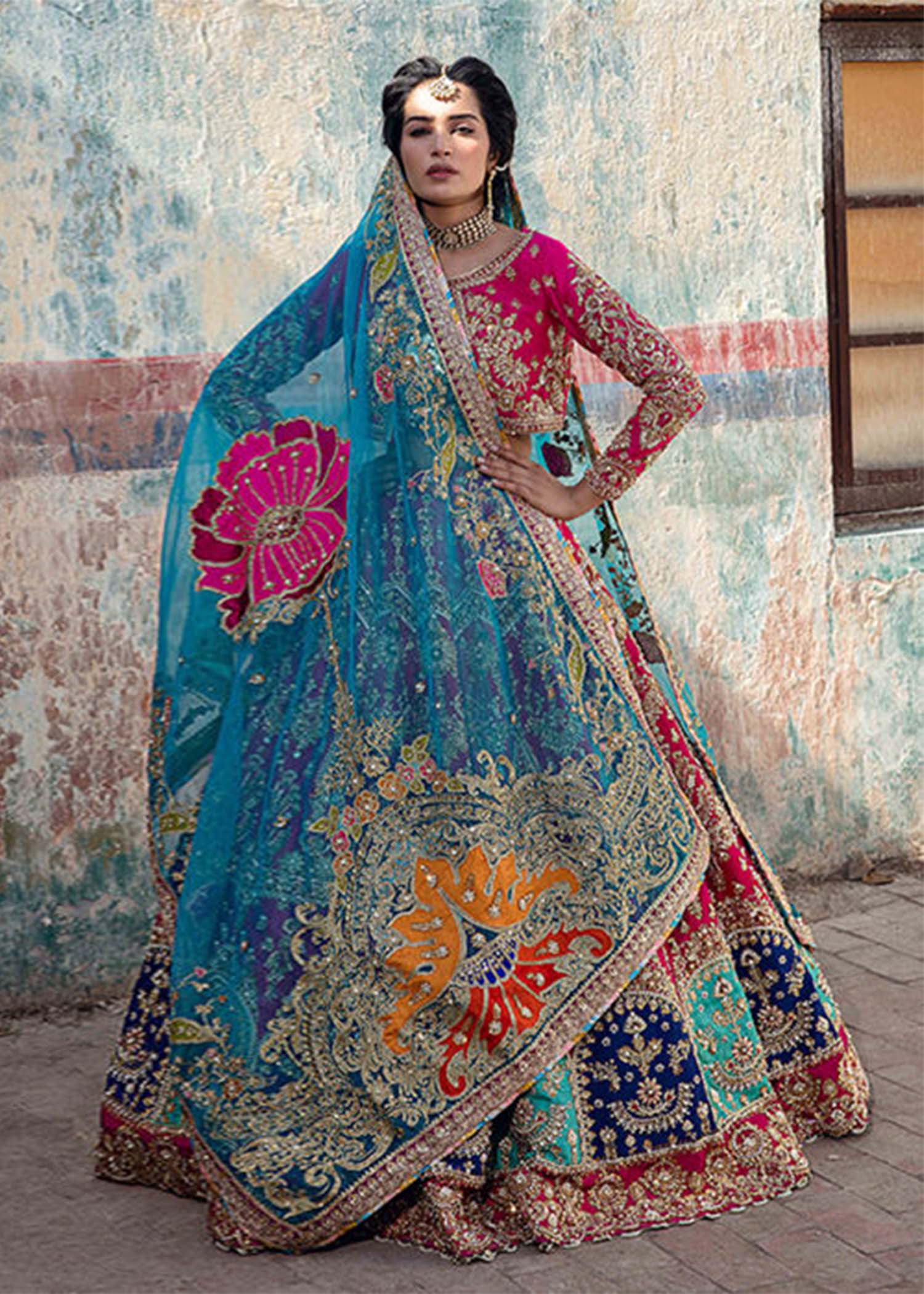 Pakistani Hot Pink Zardozi Raw Silk Lehenga (3-Piece) - Image 1