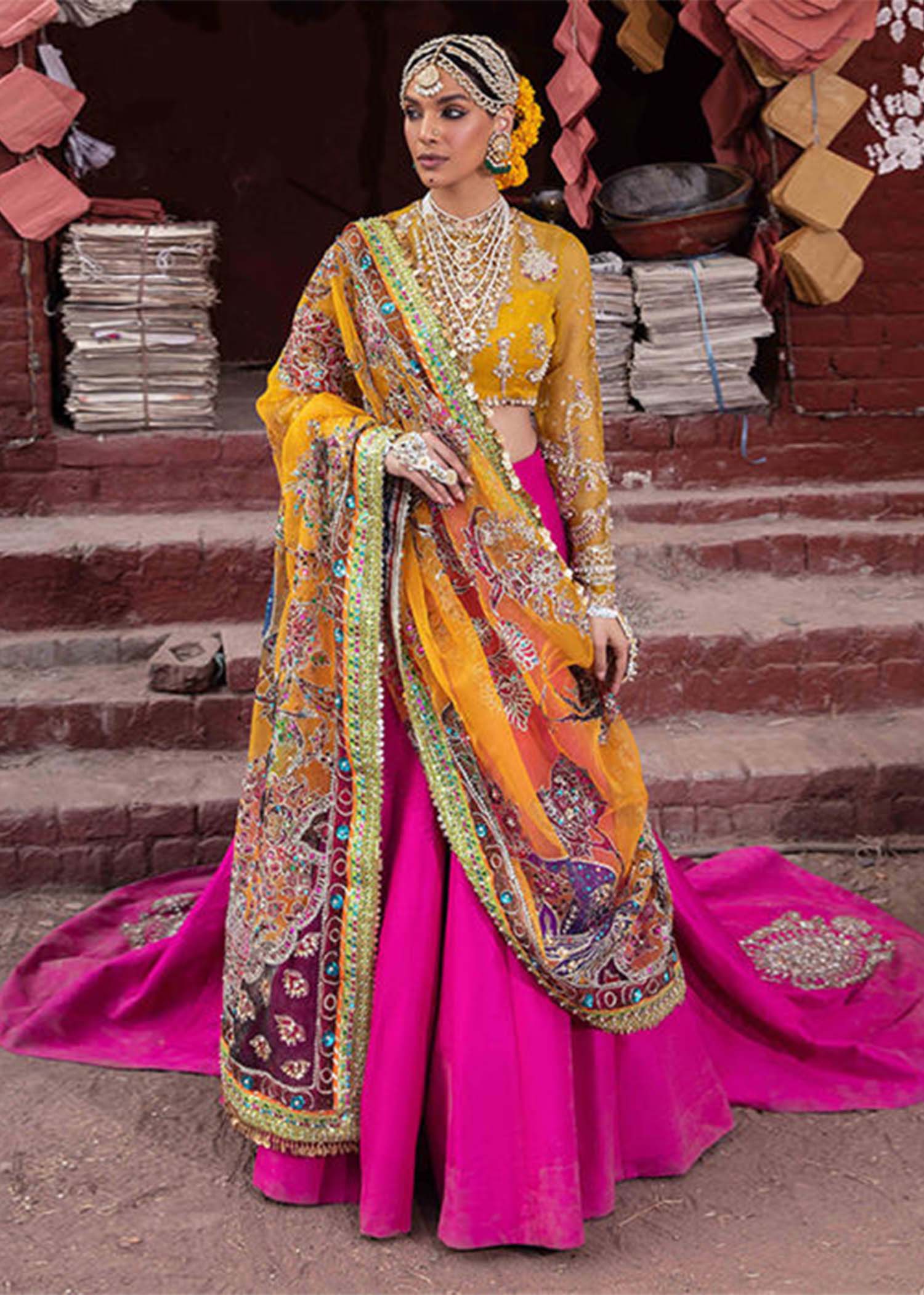 Fuchsia Pink Embellished Raw Silk Lehenga (3-Piece) - Image 1