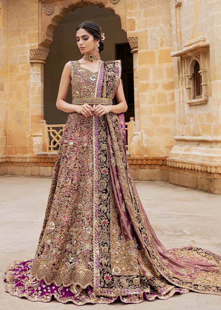 Pakistani Magenta Gold Embroidered Raw Silk Bridal Lehenga (3-Piece) - Image 1