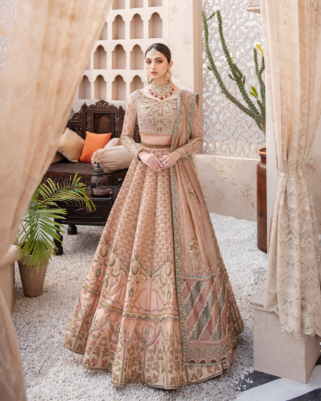 Pakistani Peach Pink Hand-Embellished Raw Silk Lehenga Choli (3-Piece) - Image 1