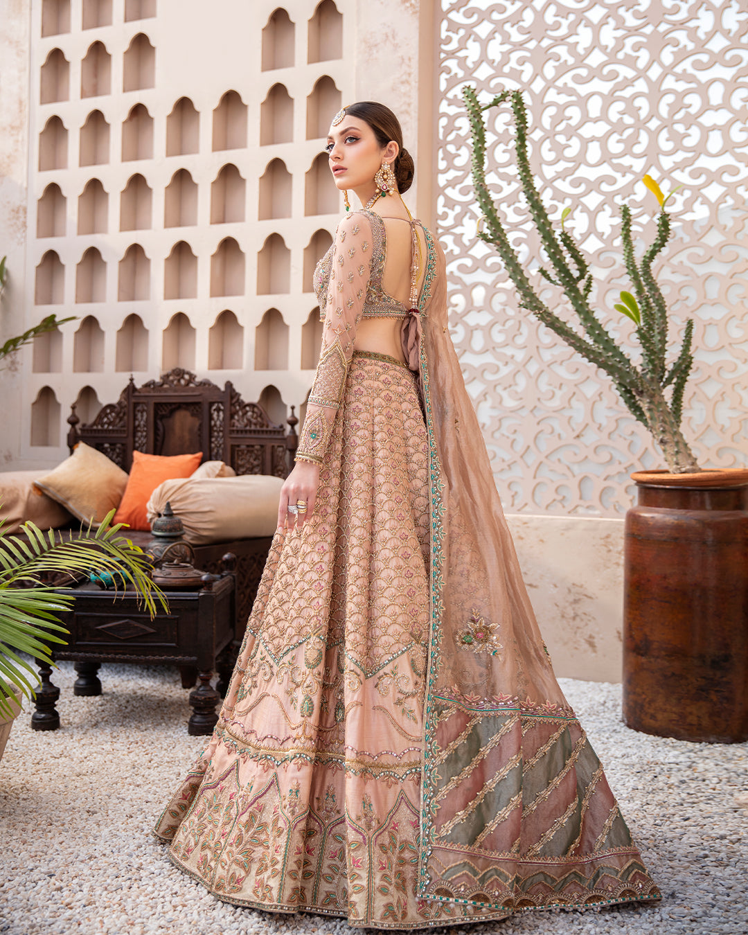 Pakistani Peach Pink Hand-Embellished Raw Silk Lehenga Choli (3-Piece) - Image 2