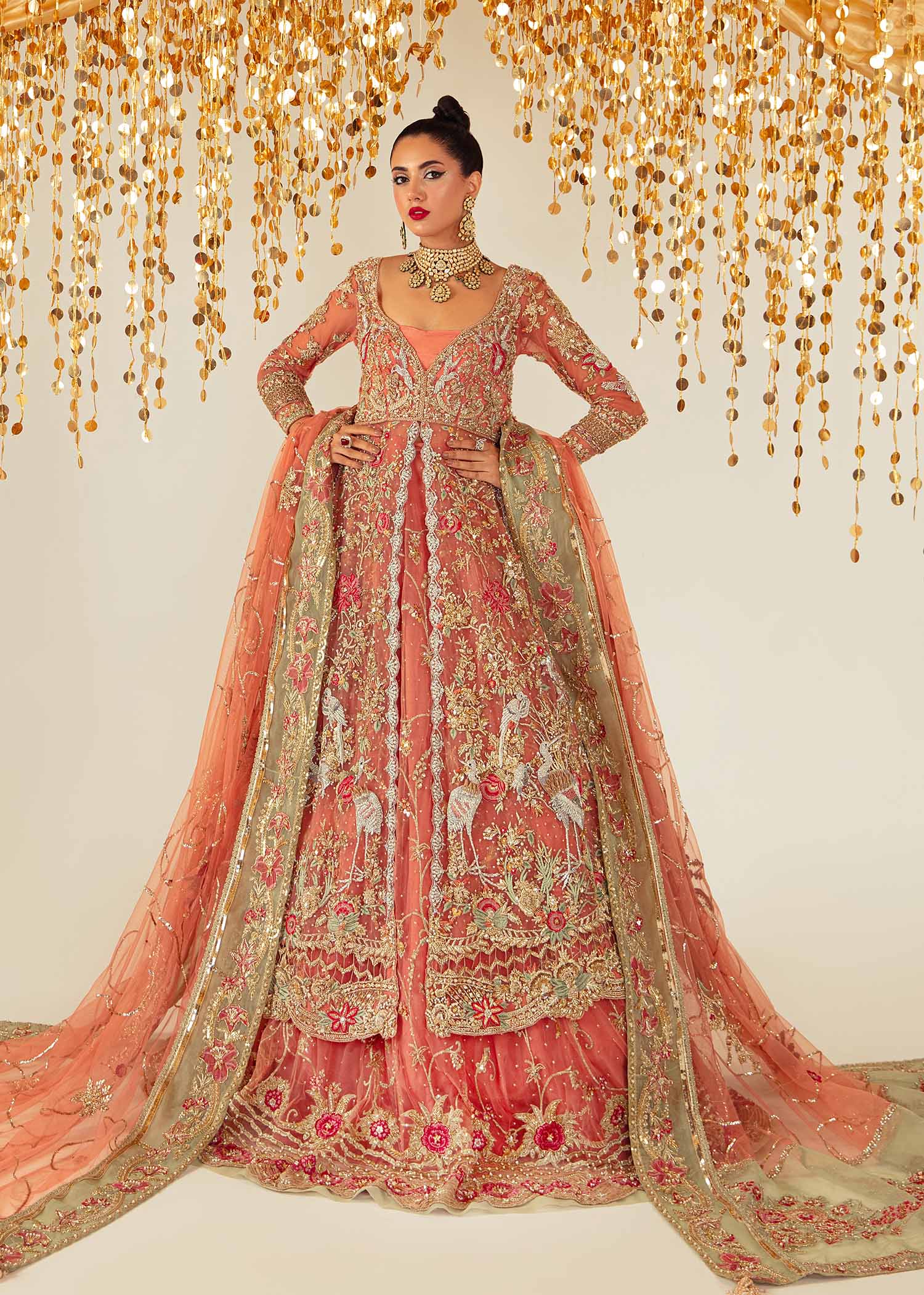 Coral Embroidered Net & Raw Silk Bridal Lehenga (3-Piece) - Image 1