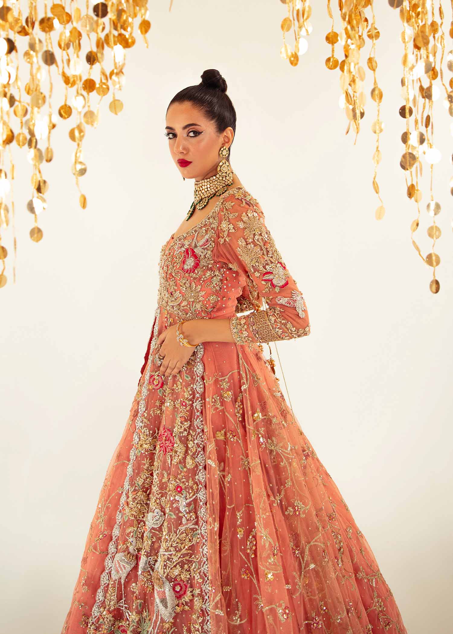 Coral Embroidered Net & Raw Silk Bridal Lehenga (3-Piece) - Image 3