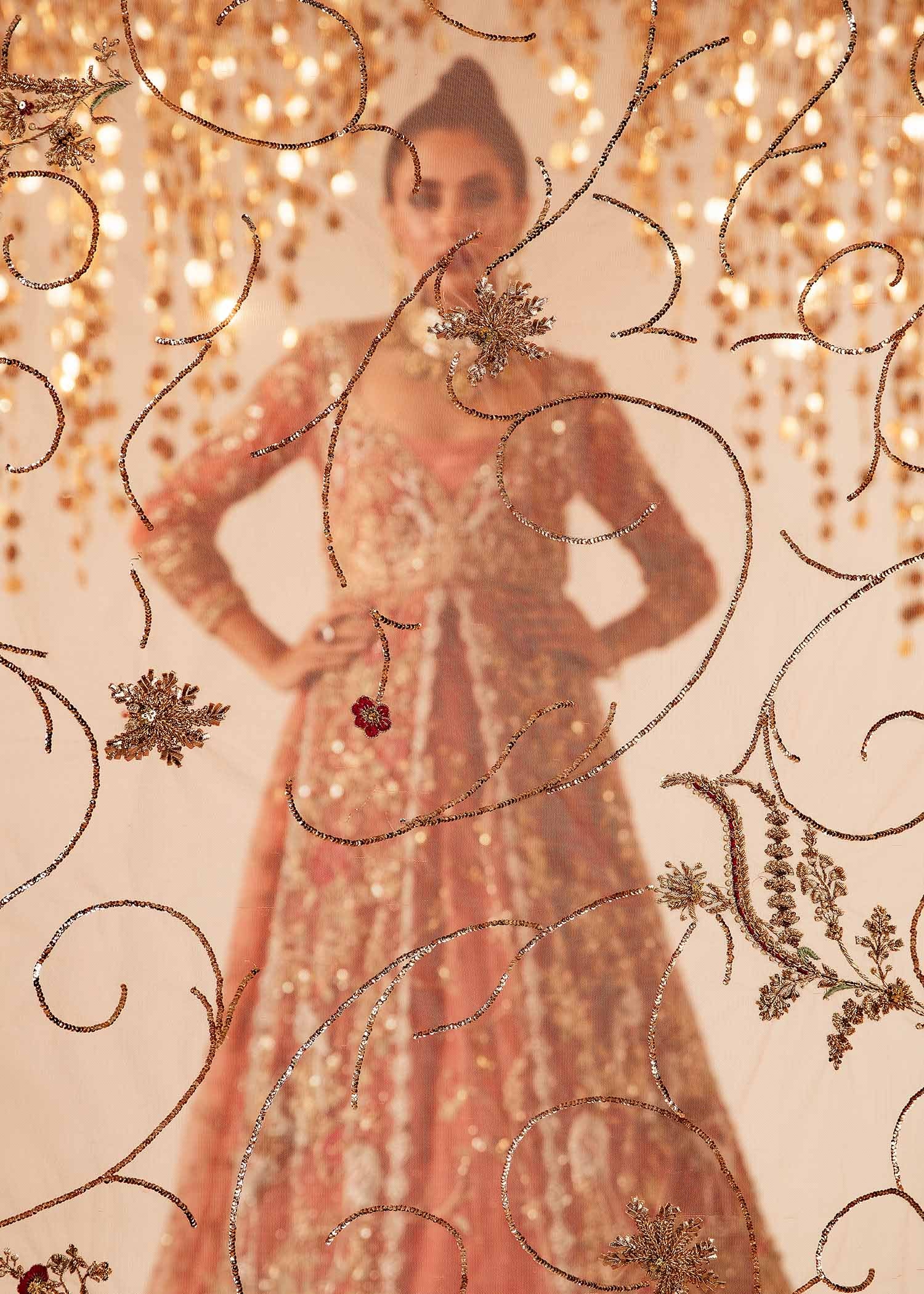 Coral Embroidered Net & Raw Silk Bridal Lehenga (3-Piece) - Image 4