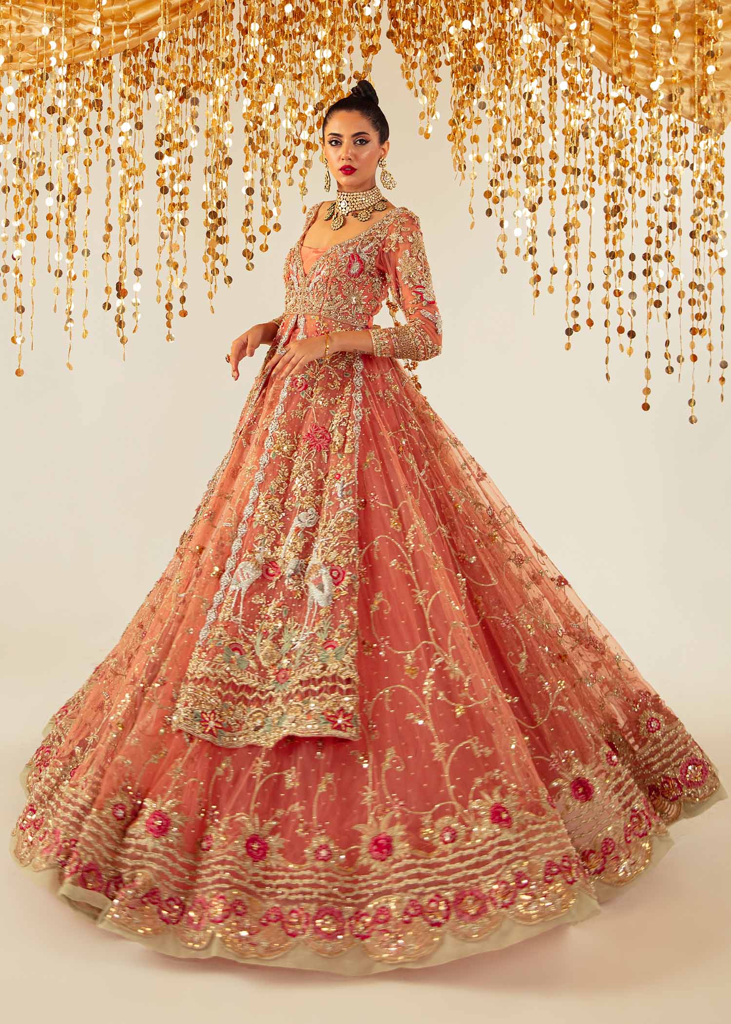Coral Embroidered Net & Raw Silk Bridal Lehenga (3-Piece) - Image 5
