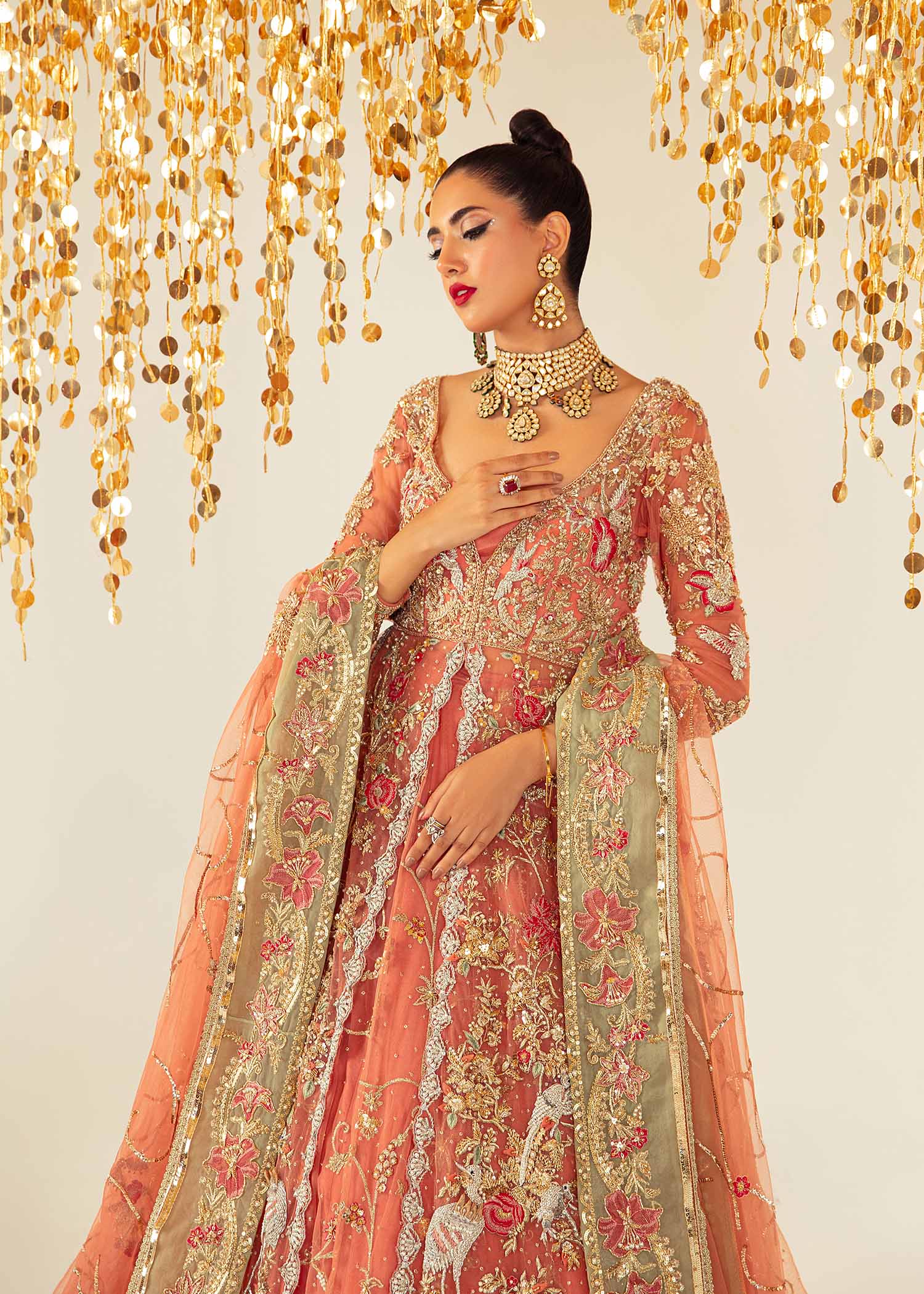 Coral Embroidered Net & Raw Silk Bridal Lehenga (3-Piece) - Image 6