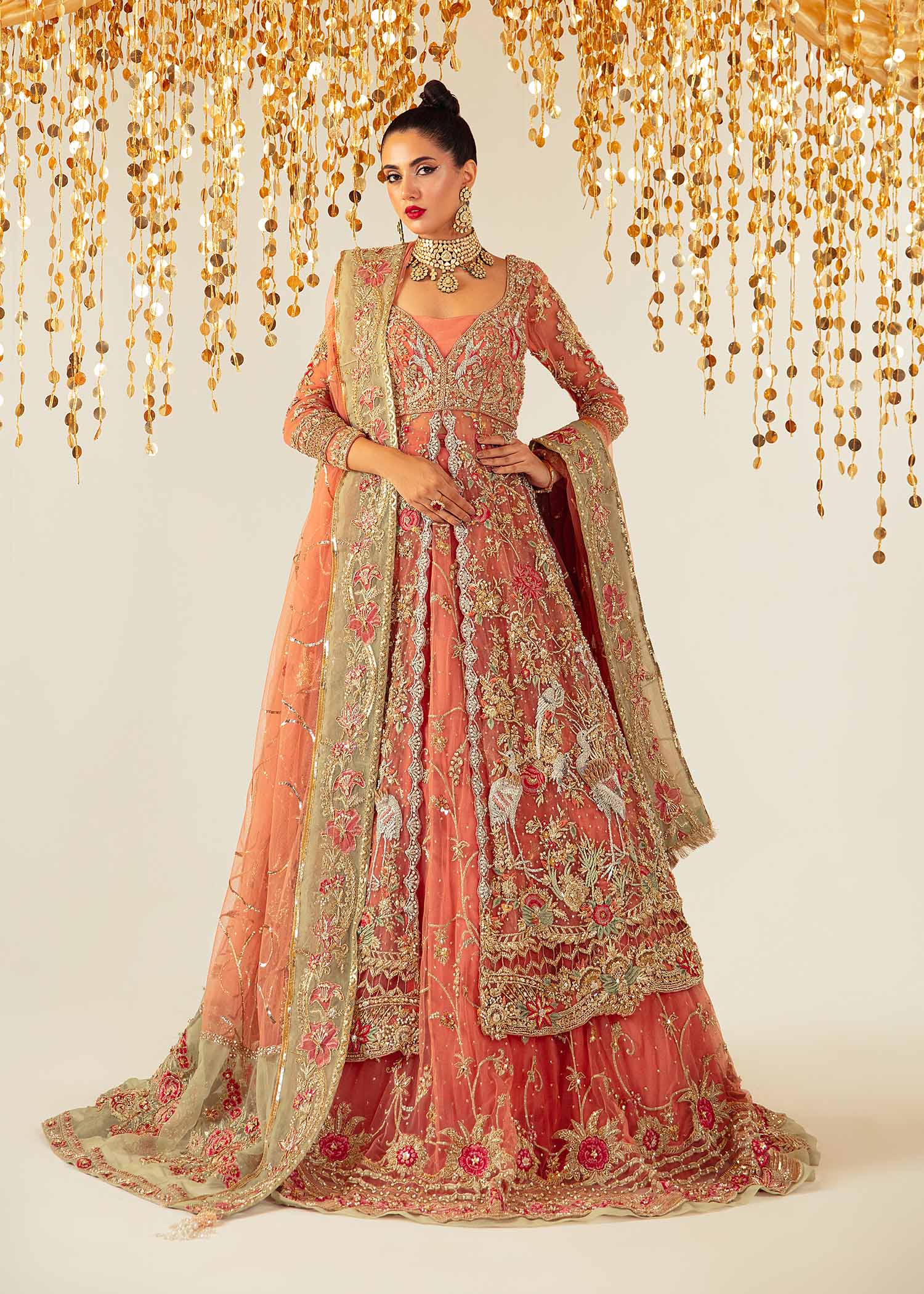 Coral Embroidered Net & Raw Silk Bridal Lehenga (3-Piece) - Image 7