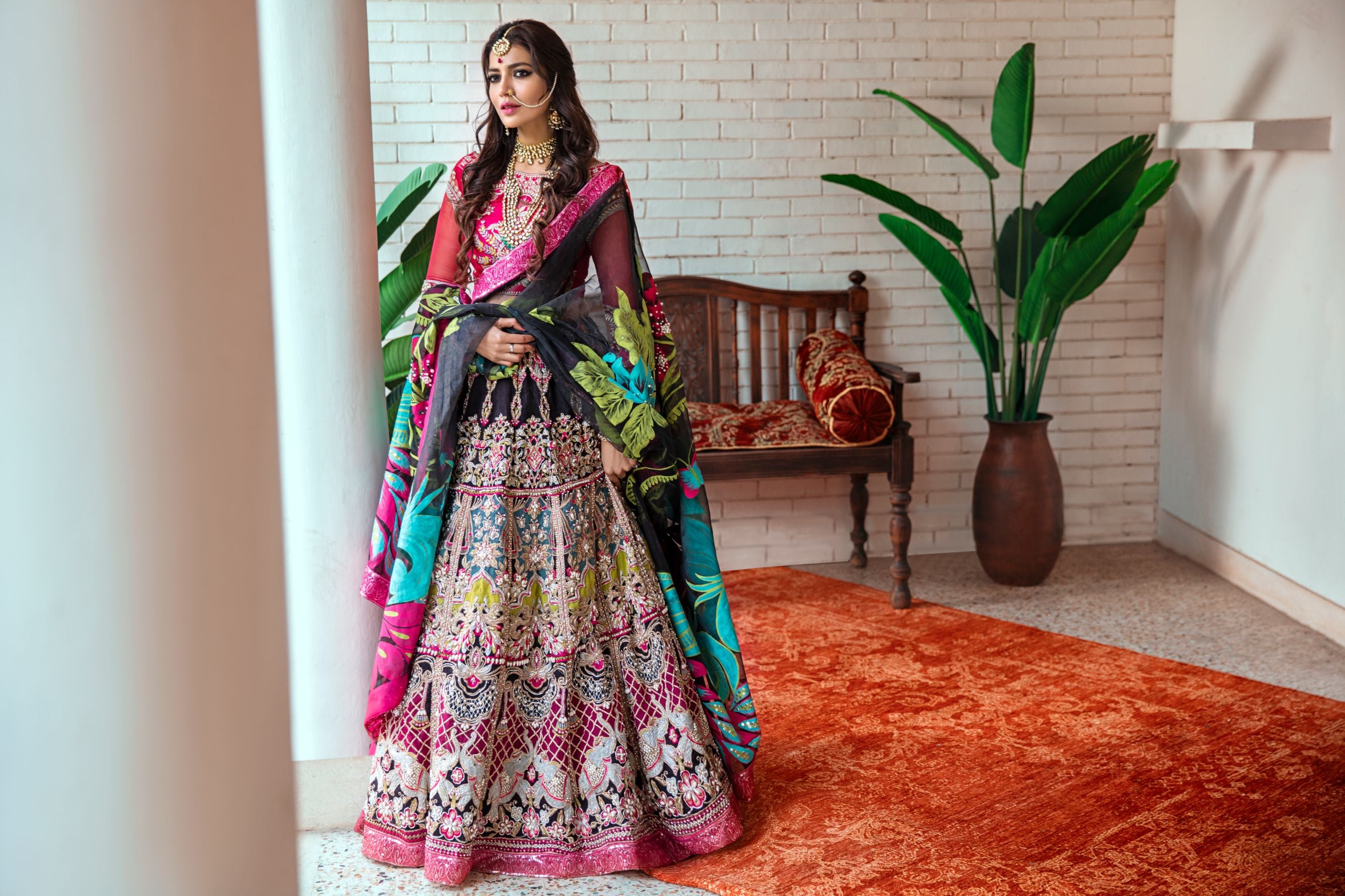 Fuchsia Embellished Raw Silk Choli & Organza Lehenga (3-Piece) - Image 3