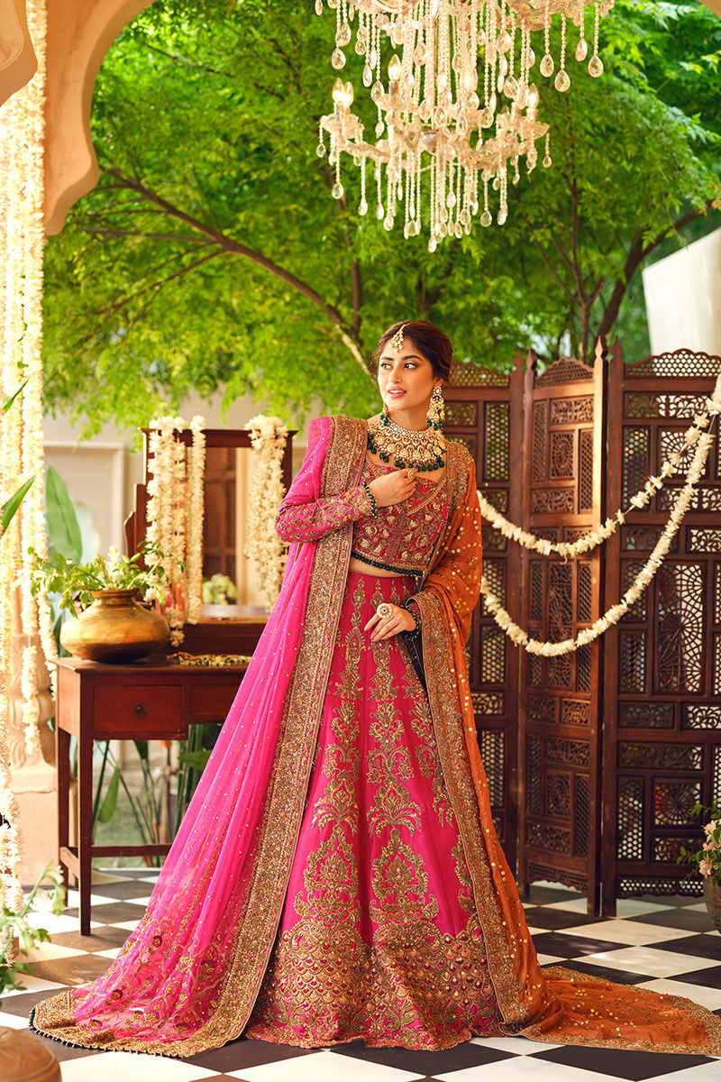 Pakistani Shocking Pink Zardozi Raw Silk Bridal Lehenga (3-Piece) - Image 1