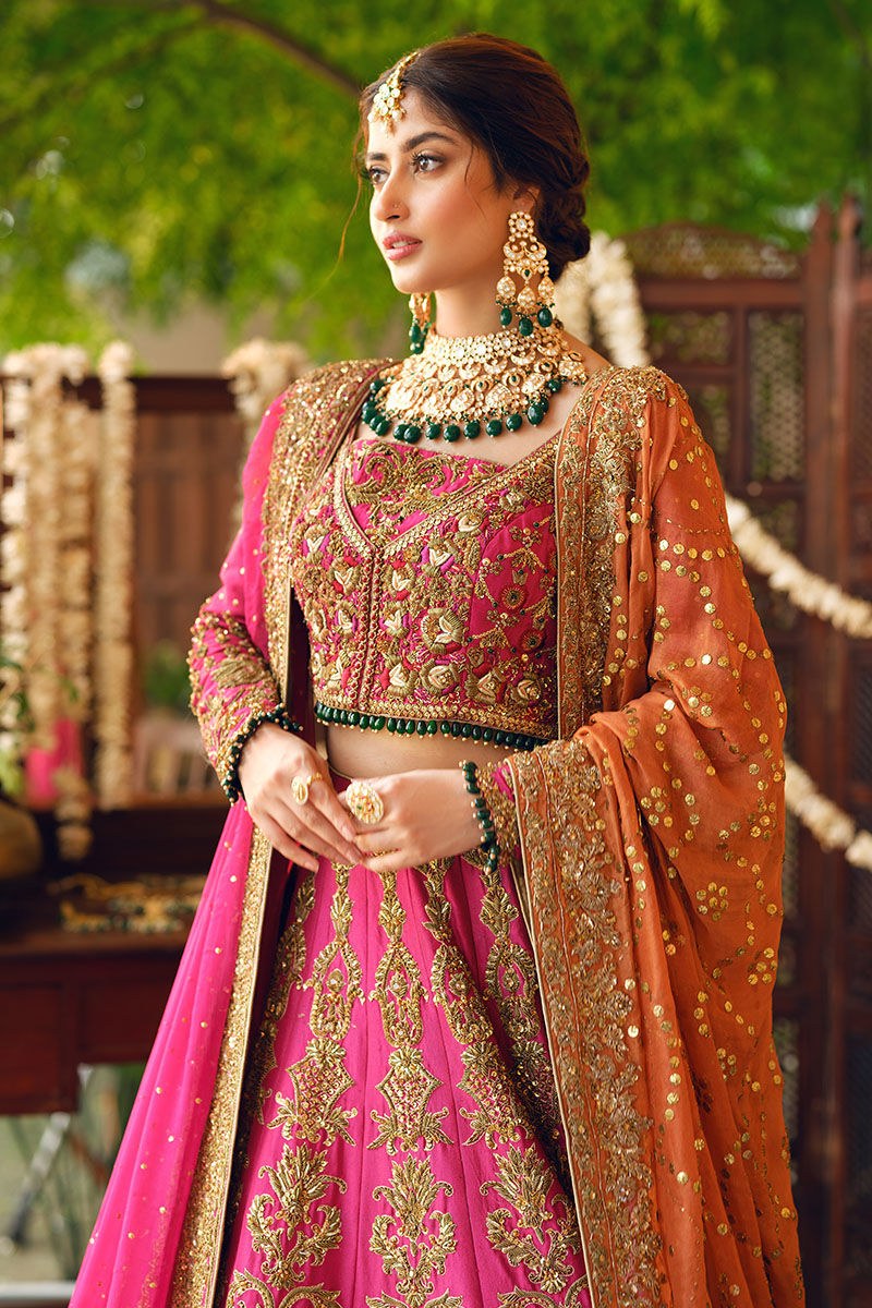 Pakistani Shocking Pink Zardozi Raw Silk Bridal Lehenga (3-Piece) - Image 2