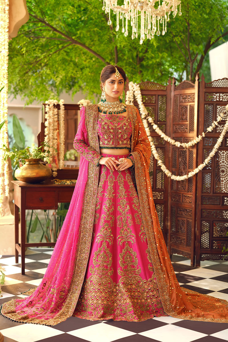 Pakistani Shocking Pink Zardozi Raw Silk Bridal Lehenga (3-Piece) - Image 3