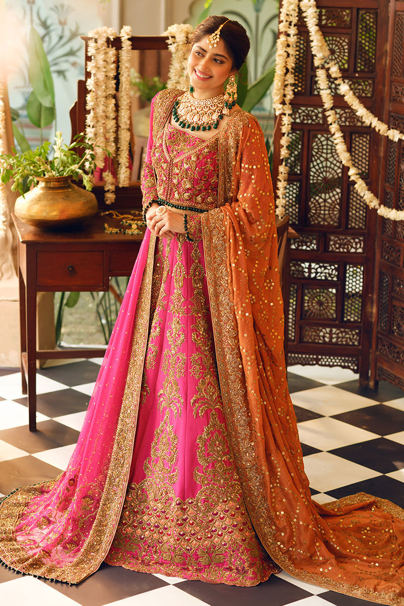 Pakistani Shocking Pink Zardozi Raw Silk Bridal Lehenga (3-Piece) - Image 4