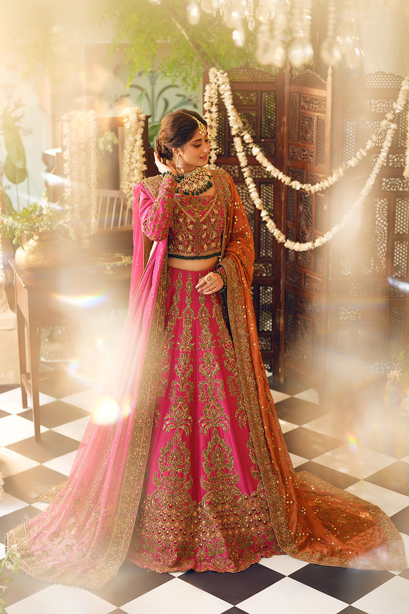 Pakistani Shocking Pink Zardozi Raw Silk Bridal Lehenga (3-Piece) - Image 5