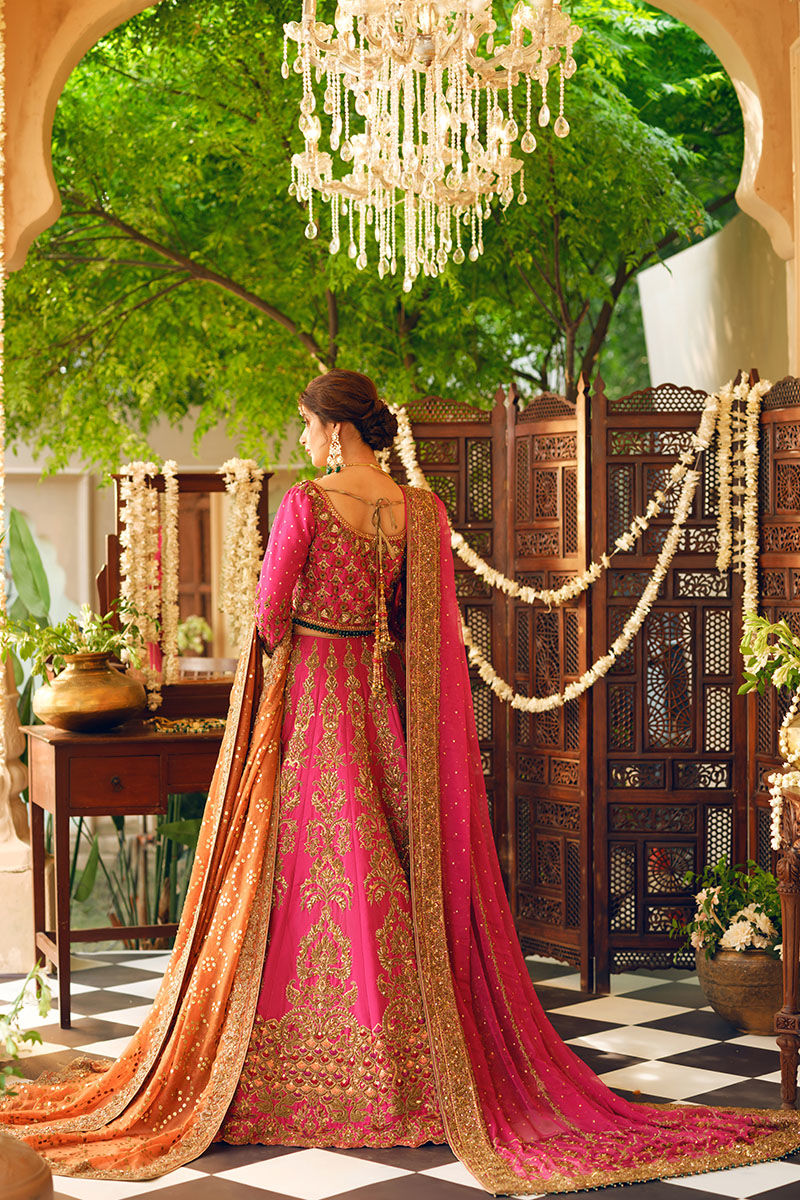 Pakistani Shocking Pink Zardozi Raw Silk Bridal Lehenga (3-Piece) - Image 6