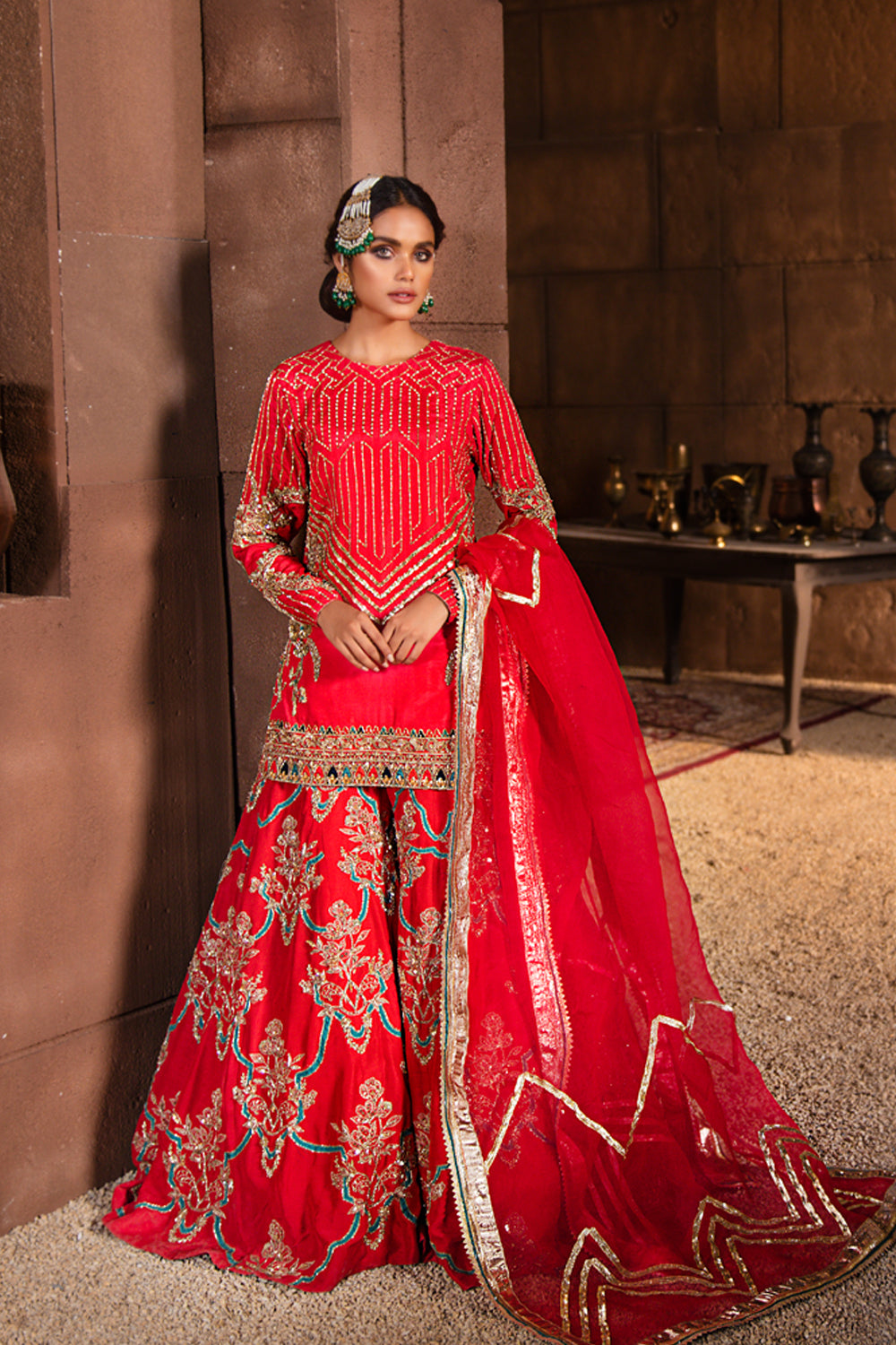 Coral Pink Zardozi Raw Silk Lehenga (3-Piece) - Image 1