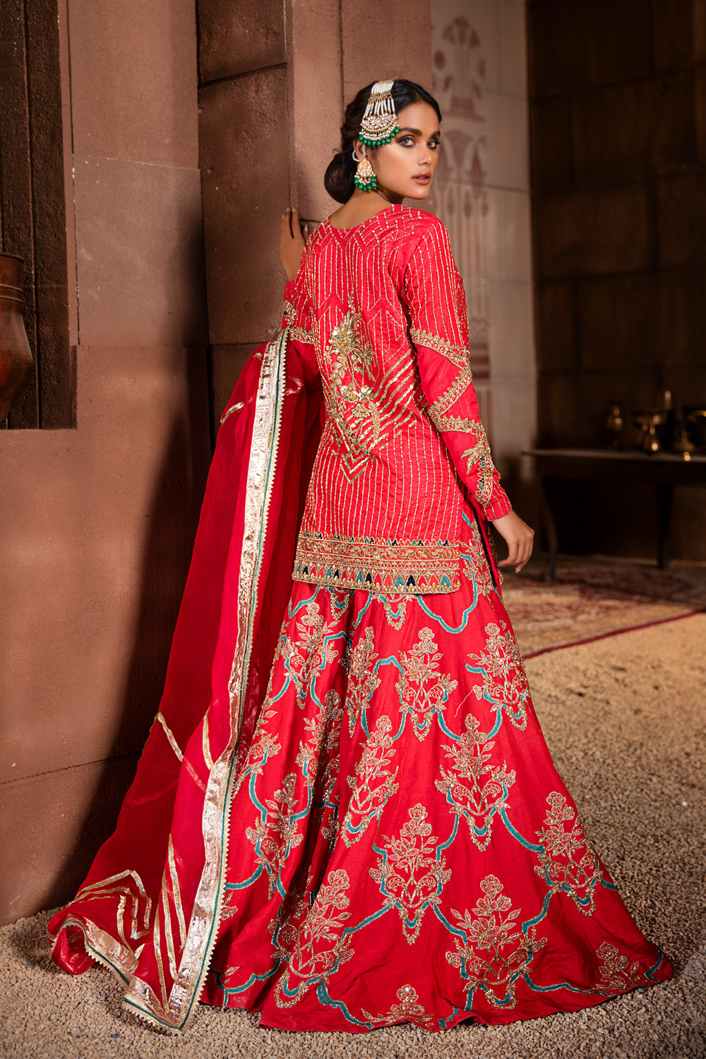 Coral Pink Zardozi Raw Silk Lehenga (3-Piece) - Image 2