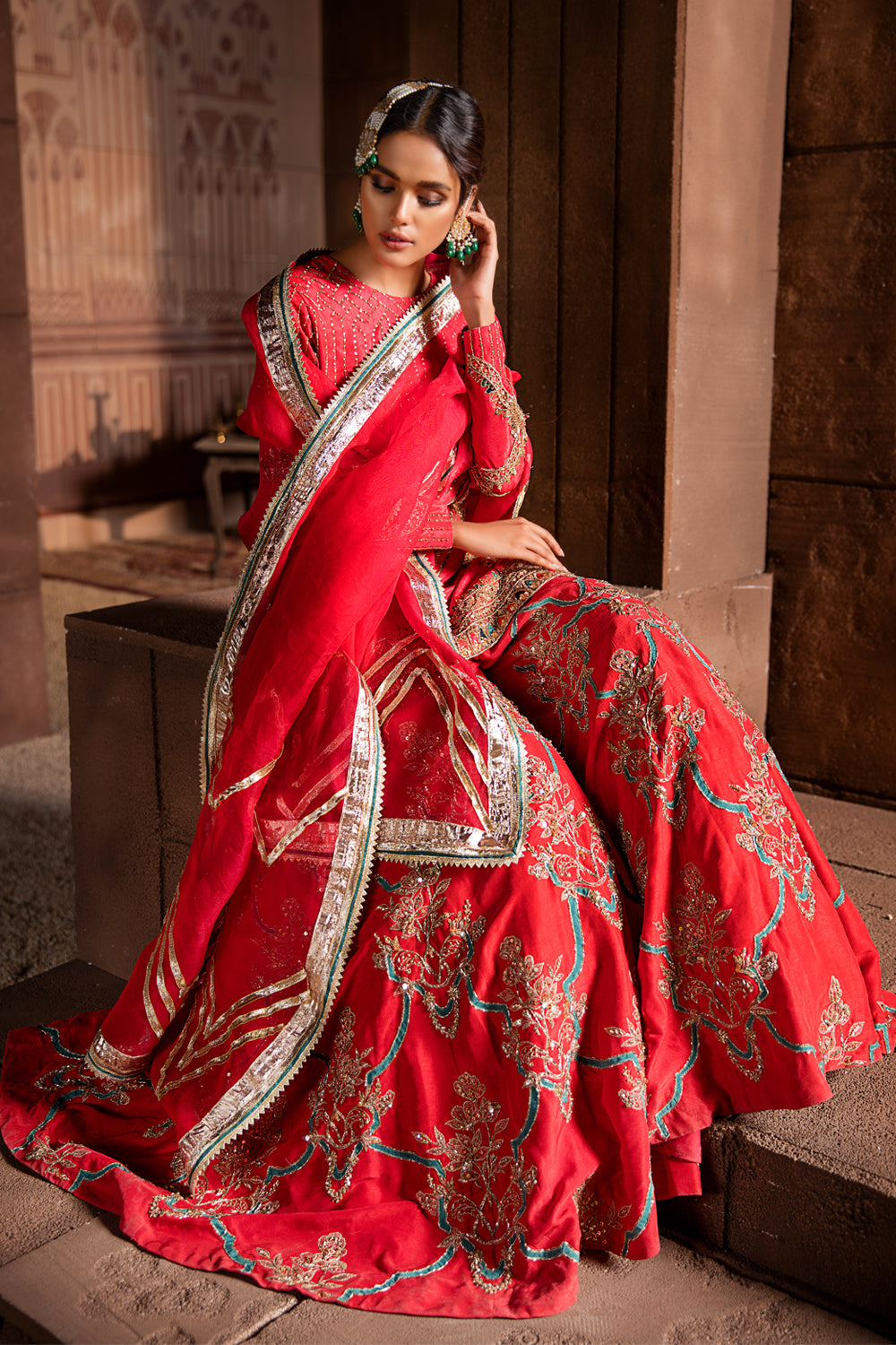 Coral Pink Zardozi Raw Silk Lehenga (3-Piece) - Image 3