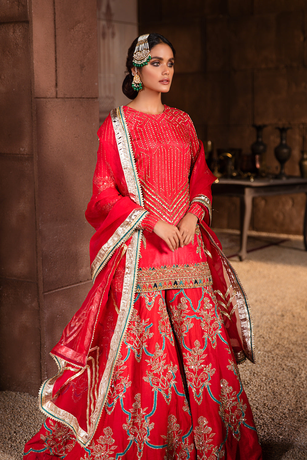 Coral Pink Zardozi Raw Silk Lehenga (3-Piece) - Image 4