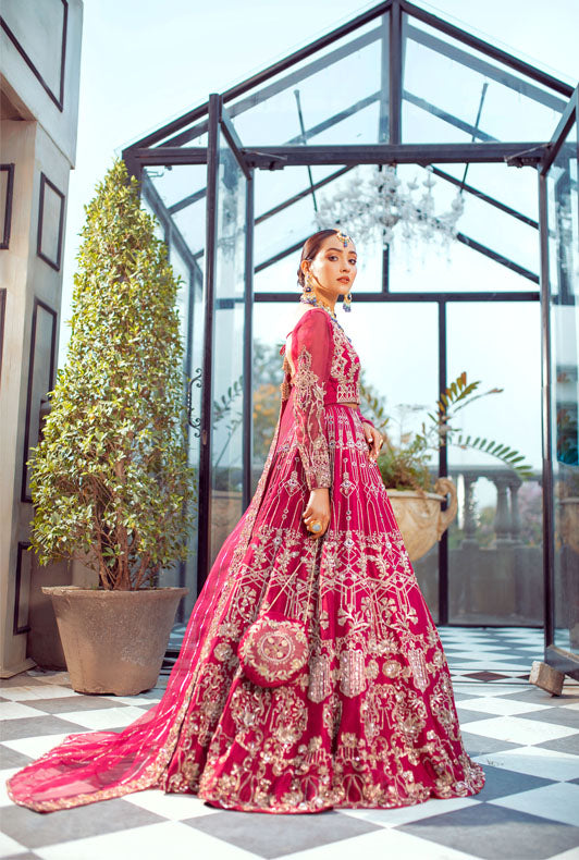 Pakistani Hot Pink Embroidered Raw Silk Bridal Lehnga (3-Piece) - Image 1