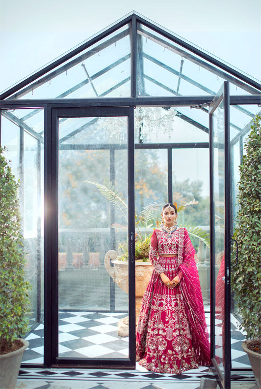 Pakistani Hot Pink Embroidered Raw Silk Bridal Lehnga (3-Piece) - Image 4