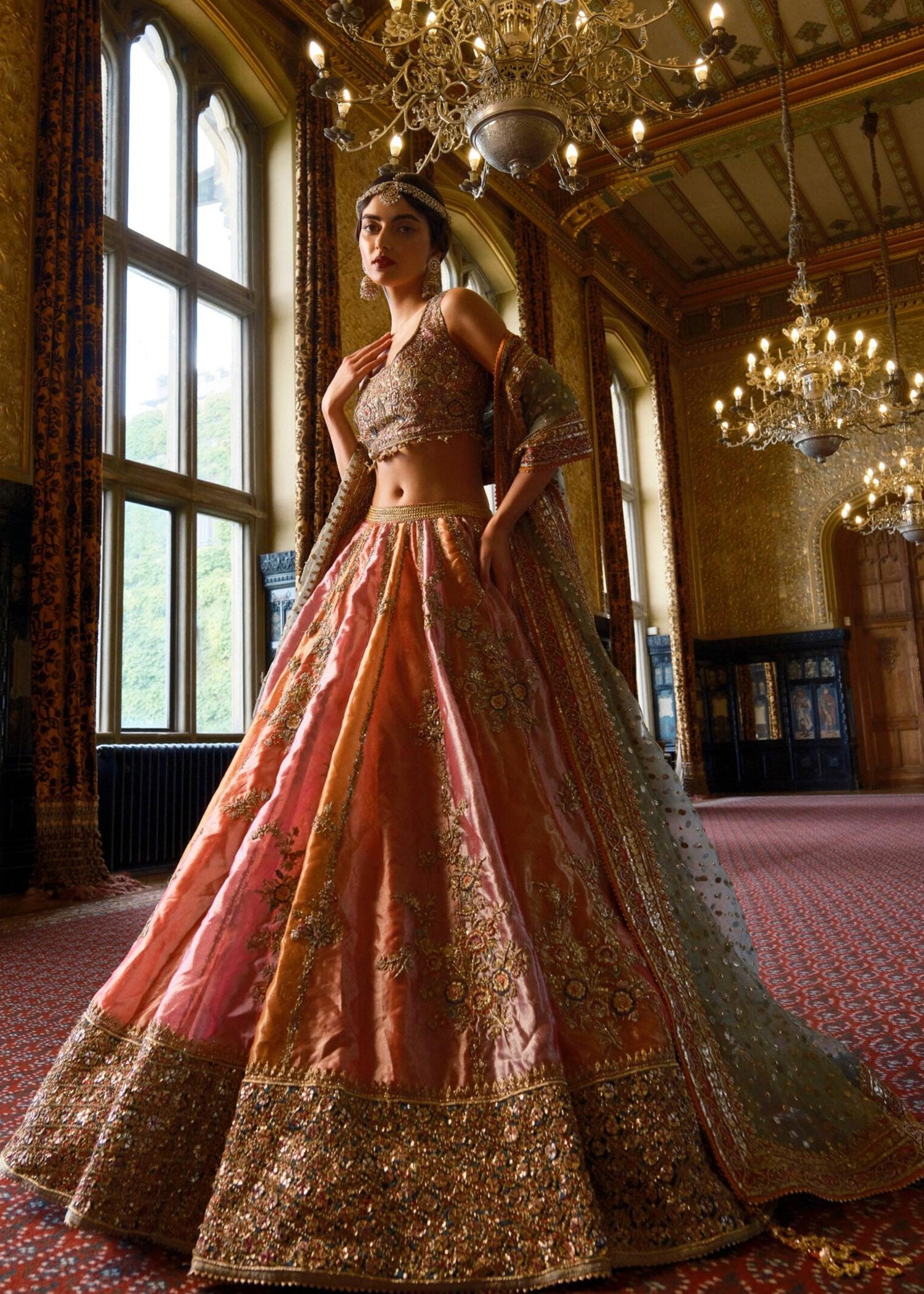 Flamingo Pink Embellished Raw Silk Lehenga Choli (3-Piece) - Image 1