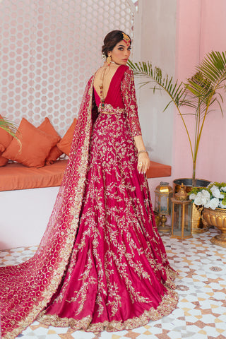 Pakistani Ruby Pink Gold Embroidered Raw Silk Lehenga Choli (3-Piece) - Image 2