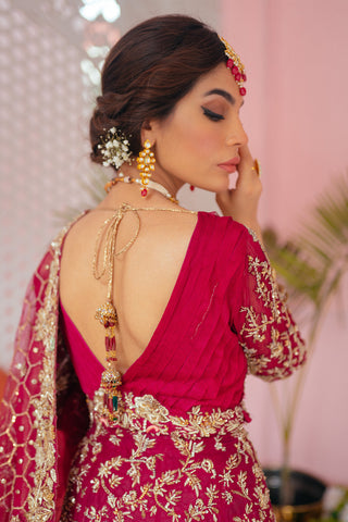 Pakistani Ruby Pink Gold Embroidered Raw Silk Lehenga Choli (3-Piece) - Image 3