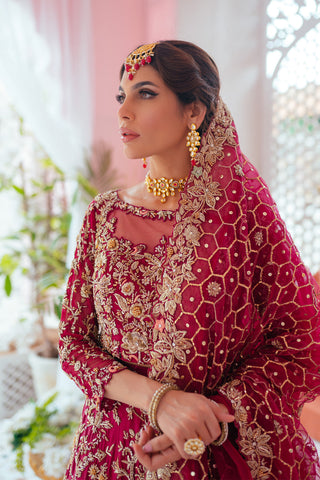 Pakistani Ruby Pink Gold Embroidered Raw Silk Lehenga Choli (3-Piece) - Image 4