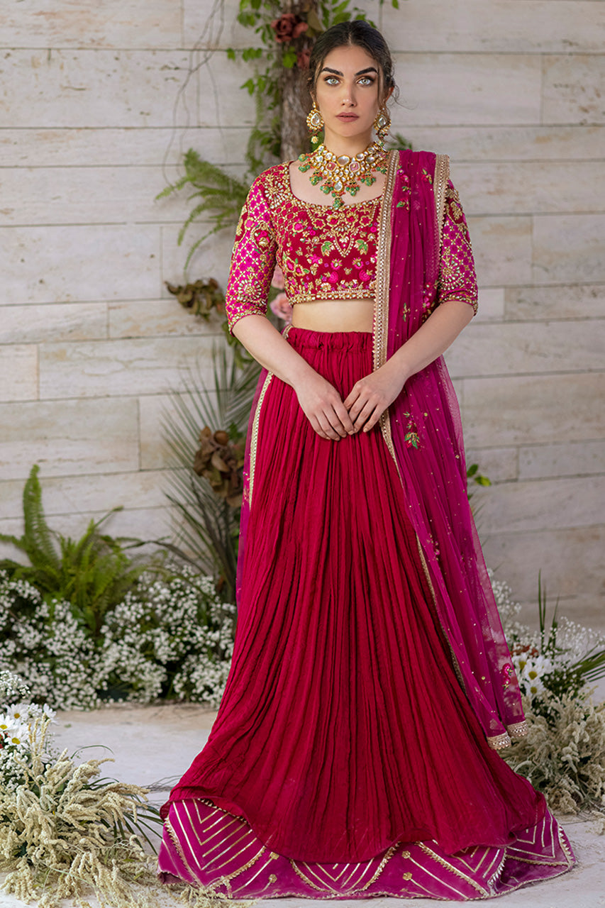Fuchsia Embroidered Raw Silk Lehenga Choli (3-Piece) - Image 1