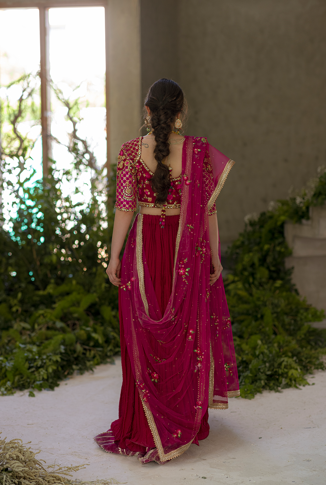 Fuchsia Embroidered Raw Silk Lehenga Choli (3-Piece) - Image 2
