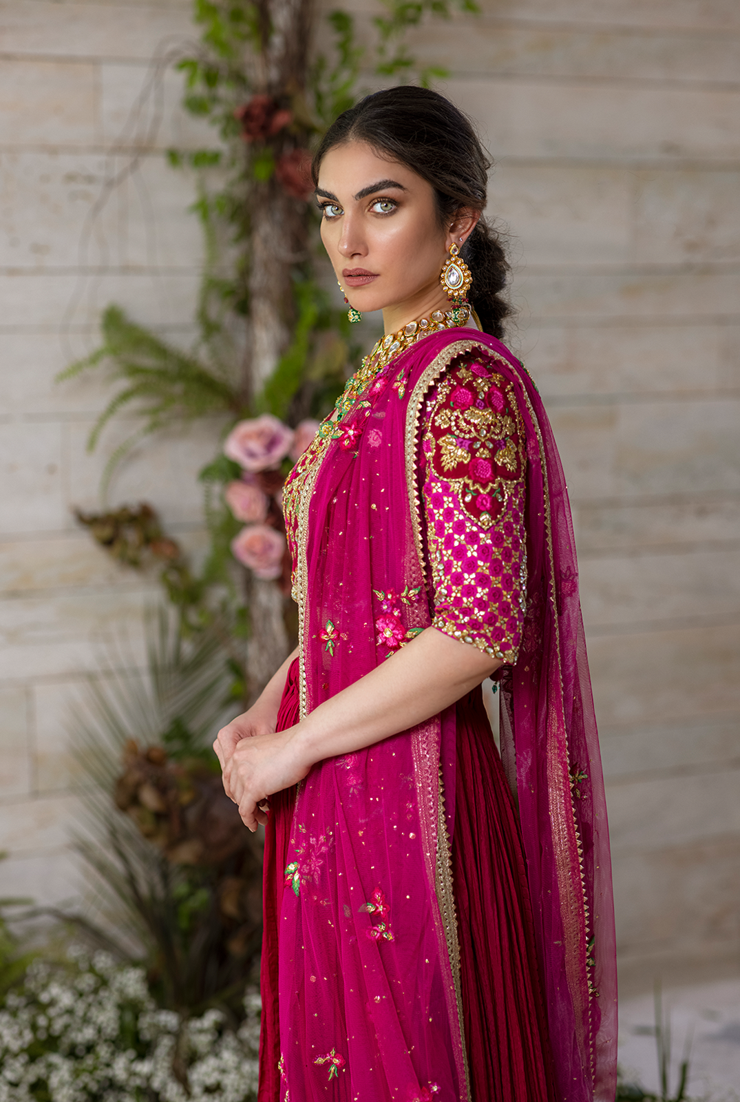 Fuchsia Embroidered Raw Silk Lehenga Choli (3-Piece) - Image 3